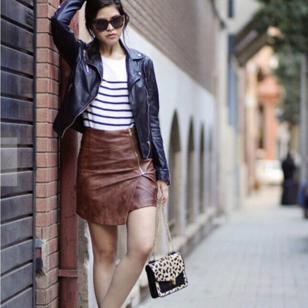 H&M Asymmetrical Brown Faux Leather Mini Skirt with Zipper Size 6